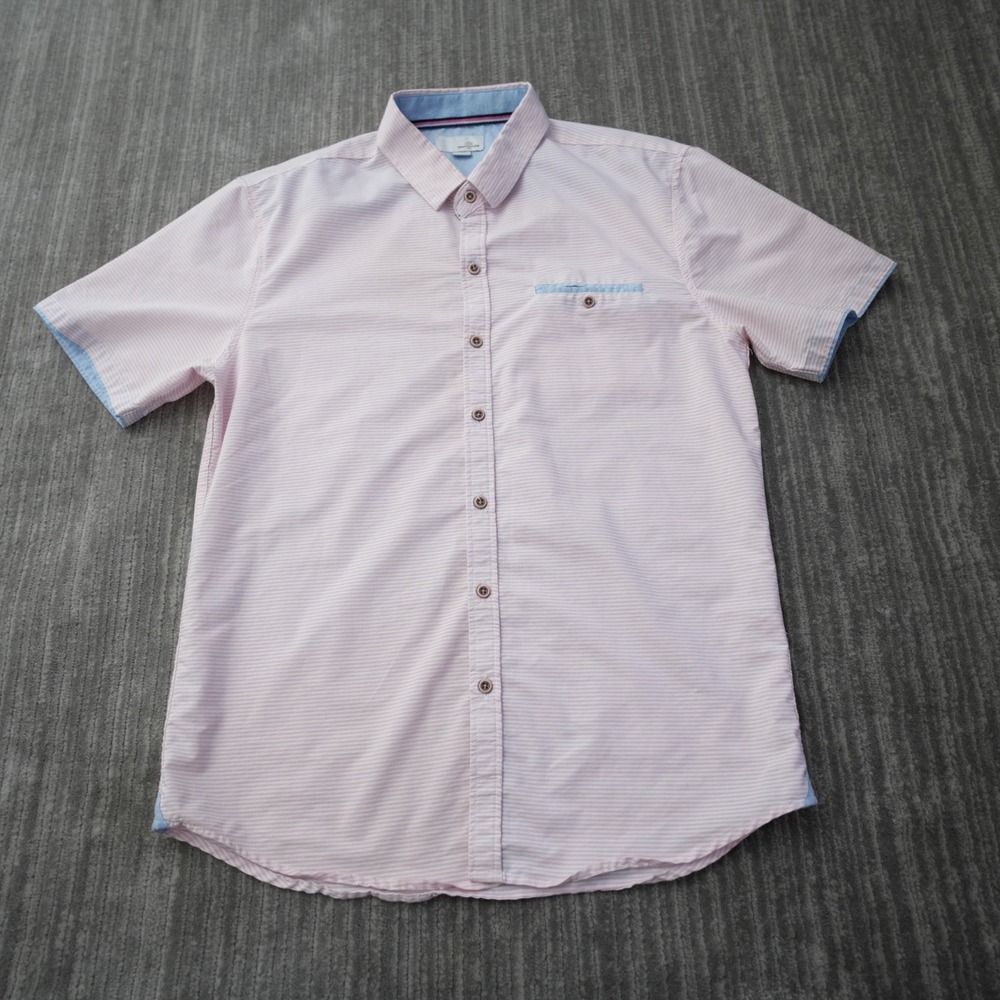 Craft + Flow Shirt Men Button Up Pink White Striped Short Sleeve Pocket Large